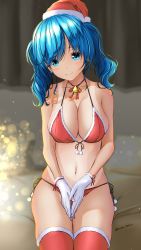Rule 34 | 1girl, aigami shion, bare arms, bed, bedroom, bell, bikini, blue eyes, blue hair, blush, breasts, christmas, cleavage, collarbone, curtains, ear piercing, front-tie bikini top, front-tie top, garter-velvet, gloves, half gloves, hat, highres, indoors, large breasts, light particles, looking at viewer, mole, mole on breast, navel, neck bell, on bed, original, own hands together, piercing, pillow, red bikini, red hat, red thighhighs, santa bikini, santa costume, santa hat, side-tie bikini bottom, sitting, smile, solo, swimsuit, tan, tanline, thighhighs, twintails, twitter username, white gloves
