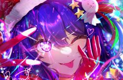 1girl ;p artist_name blush fang gloves glowing glowing_eye hair_ornament hat heart highres hitokiri_battousai hoshino_ai long_hair merry_christmas multicolored_hair one_eye_closed oshi_no_ko portrait purple_eyes purple_hair red_gloves red_hat santa_hat smile solo star_(symbol) star_hair_ornament tongue tongue_out two-tone_hair v