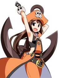 Rule 34 | 1girl, :d, anbe masahiro, anchor, armpits, arms up, brown hair, cowboy shot, guilty gear, hat, long hair, looking at viewer, may (guilty gear), open mouth, orange hat, orange shirt, pants, pirate hat, red eyes, shirt, simple background, smile, solo, tareme, white background