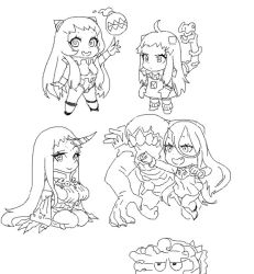 Rule 34 | 10s, 5girls, abyssal ship, airfield princess, battleship princess, bonnet, boots, breasts, chibi, commentary request, cosmic bear, detached sleeves, dress, fang, greyscale, horns, isolated island oni, kantai collection, large breasts, leotard, lineart, long hair, monochrome, multiple girls, no eyebrows, northern ocean princess, seaport princess, smile