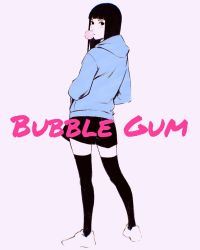 Rule 34 | 1girl, black eyes, black hair, black thighhighs, blowing bubbles, chewing gum, english text, from behind, full body, hands in pockets, highres, hood, hood down, hoodie, ilya kuvshinov, legs apart, long hair, looking at viewer, looking back, original, shorts, solo, standing, thighhighs, white background