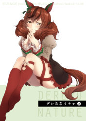 Rule 34 | 1girl, absurdres, animal ears, bow, brown eyes, brown hair, commentary request, ear covers, ear ribbon, frilled skirt, frills, highres, horse ears, horse girl, horse tail, juliet sleeves, kneehighs, knees up, kouji (campus life), long hair, long sleeves, looking at viewer, multicolored hair, nice nature (umamusume), puffy sleeves, red hair, sitting, skirt, socks, solo, streaked hair, tail, thighs, twintails, two-tone hair, umamusume