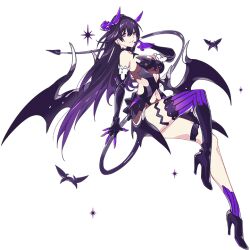 1girl asymmetrical_legwear bare_shoulders breasts demon_horns demon_tail demon_wings earrings elbow_gloves fake_horns fake_tail fake_wings gloves halloween_costume high_heels honkai_(series) honkai_impact_3rd horns jewelry large_breasts long_hair looking_at_viewer mismatched_legwear official_art purple_eyes purple_footwear purple_gloves purple_hair purple_thighhighs raiden_mei raiden_mei_(eventide_phantom) raiden_mei_(lightning_empress) revealing_clothes smile solo tail thighhighs transparent_background very_long_hair wings