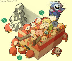 Rule 34 | 3boys, angry, blonde hair, blue eyes, blue hair, box, cardboard box, fire emblem, fire emblem: path of radiance, gloom (expression), gloves, hat, headband, ike (fire emblem), in container, kirby (series), link, male focus, mario, mario (series), mask, meta knight, metal gear (series), metal gear solid, multiple boys, nintendo, pointy ears, sleeping, solid snake, spoken zzz, super smash bros., the legend of zelda, waddle dee, waddle doo, yellow eyes, zzz