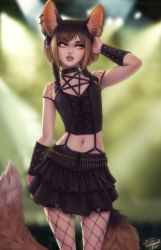 Rule 34 | 1girl, alternate costume, alternate hairstyle, animal ears, artist name, black hair, black nails, blonde hair, blurry, blurry background, bracer, brown hair, collar, cowboy shot, cross, cross-laced clothes, cross-laced top, earrings, fishnet pantyhose, fishnets, flat chest, fox ears, fox tail, frilled skirt, frills, goth fashion, gradient hair, green background, hand in own hair, harness, highres, hoop earrings, inverted cross, jewelry, khiara (personal ami), lips, multicolored hair, nail polish, navel, o-ring, original, pantyhose, parted bangs, pentagram, personal ami, skirt, solo, studded collar, tail, two-tone hair, yellow eyes