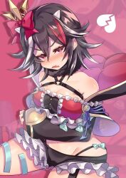 Rule 34 | 1girl, alternate costume, black hair, blush, bow, breasts, broken heart, commentary request, detached sleeves, fang, groin, hair bow, heart, highres, iwaibeni83, kijin seija, looking at viewer, medium breasts, multicolored hair, navel, open mouth, red bow, red eyes, red hair, solo, streaked hair, touhou, white hair
