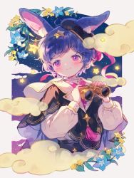 Rule 34 | 1girl, ahoge, animal ear fluff, animal ears, binoculars, black cape, blue flower, border, cape, cloud, commentary, conago2, dot nose, flower, frilled shirt collar, frills, highres, holding, holding binoculars, light blush, light smile, long sleeves, looking at viewer, original, pink eyes, puffy long sleeves, puffy sleeves, purple hair, rabbit ears, shirt, short hair, solo, star (symbol), symbol-only commentary, white border, white cape, white shirt, yellow flower