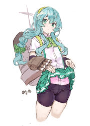 Rule 34 | 1girl, aqua hair, arm warmers, bike shorts, braid, closed mouth, clothes lift, cropped legs, green eyes, green hairband, green skirt, hair ornament, hair scrunchie, hairband, highres, kantai collection, lifted by self, long hair, one-hour drawing challenge, rigging, ryo (tg290), scrunchie, shirt, short sleeves, shorts, shorts under skirt, sidelocks, signature, simple background, single braid, skirt, skirt lift, solo, white background, white shirt, yamagumo (kancolle)