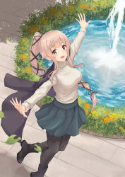 Rule 34 | 1girl, alternate costume, beige sweater, black footwear, black legwear, blush, boots, breasts, brown eyes, flower, fountain, full body, grey jacket, grey skirt, hair flaps, hair ribbon, highres, jacket, jacket on shoulders, k jie, kantai collection, long hair, long sleeves, looking at viewer, medium breasts, open mouth, outstretched arms, pink hair, pleated skirt, ponytail, ribbon, skirt, solo, very long hair, yura (kancolle)