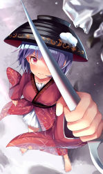 Rule 34 | 1girl, alternate breast size, bad id, bad pixiv id, barefoot, blush, bowl, bowl hat, breasts, crying, hat, highres, japanese clothes, kimono, looking at viewer, medium breasts, needle, needle sword, outdoors, pink eyes, purple hair, red kimono, snow, solo, standing, sukuna shinmyoumaru, suzugahama, tears, touhou