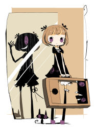 Rule 34 | 2girls, :|, animal, arm up, bare arms, black cat, black dress, black legwear, black ribbon, bloomers, blunt bangs, blush stickers, bob cut, border, bow, cat, closed mouth, collarbone, dark persona, different reflection, dress, dress bow, dual persona, evil grin, evil smile, expressionless, frilled legwear, frilled sleeves, frills, from side, full body, grin, guillotine girl (yukihi), hair ornament, hair ribbon, holding, holding scissors, holding suitcase, light brown hair, limited palette, looking at viewer, looking to the side, mirror, multiple girls, no nose, no pupils, original, outside border, puffy short sleeves, puffy sleeves, purple eyes, purple footwear, reflection, ribbon, scissors, short dress, short hair, short sleeves, silhouette, smile, standing, suitcase, tan background, tareme, thighhighs, underwear, white bloomers, white border, white bow, yukihi