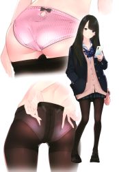 Rule 34 | 1girl, absurdres, ama mitsuki, ass, bag, bag charm, black footwear, black hair, black jacket, black pantyhose, black skirt, blazer, blue bow, blue eyes, blue neckwear, bow, bow panties, bowtie, cellphone, charm (object), collarbone, dressing, flat ass, full body, hand in pocket, highres, holding, holding phone, jacket, loafers, long hair, long sleeves, lower body, miniskirt, multiple views, non-web source, open clothes, open jacket, original, panties, panties under pantyhose, pantyhose, phone, pink panties, plaid, plaid skirt, pleated skirt, satin, satin panties, scan, school uniform, shoes, simple background, skirt, smartphone, standing, striped clothes, striped panties, underwear, vertical-striped clothes, vertical-striped panties, white background