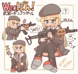 Rule 34 | 1girl, :&lt;, ?, absurdres, akmsu, ammunition, arrow (symbol), assault rifle, beret, black footwear, black headwear, black jacket, black thighhighs, blonde hair, blue eyes, blush, bocchi-ya-nawi, closed mouth, cocking gun, collared shirt, colored shoe soles, commentary, cropped torso, english commentary, flying sweatdrops, folding stock, food-themed hair ornament, foregrip, framed, full body, gun, hair between eyes, hair ornament, hairclip, hat, highres, holding, holding gun, holding weapon, hood, hood down, hooded jacket, jacket, kalashnikov rifle, knee mortar, long hair, low twintails, mixed-language commentary, mortar (weapon), multicolored footwear, multiple views, necktie, on one knee, open clothes, open jacket, open mouth, orange hair ornament, original, pleated skirt, red footwear, red necktie, red skirt, rifle, rifle cartridge, shirt, shoe soles, shoes, simple background, sitting, skirt, spoken question mark, sweat, thighhighs, translation request, twintails, upper body, very long hair, weapon, white background, white footwear, x