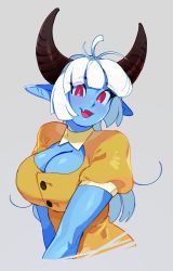 Rule 34 | 1girl, blue skin, breasts, cleavage cutout, clothing cutout, colored skin, commentary, dress, english commentary, fang, highres, horns, large breasts, long pointy ears, open mouth, original, pointy ears, red eyes, short hair, signature, smile, solo, white hair, yellow dress, zambiie