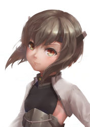 Rule 34 | 10s, 1girl, brown eyes, brown hair, covered erect nipples, flat chest, hair between eyes, headband, headgear, highres, kantai collection, light smile, lips, looking at viewer, nose, short hair, simple background, solo, taihou (kancolle), upper body, white background, yuho (goodtest)