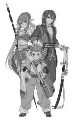 Rule 34 | 1girl, 2boys, absurdres, bag, breasts, cleavage, closed mouth, full body, greyscale, hands on own hips, highres, holding, holding polearm, holding sword, holding weapon, judith (tales), karol capel, long hair, looking at viewer, medium breasts, monochrome, multiple boys, navel, pointy ears, polearm, short hair, shoulder bag, simple background, smile, standing, sword, tales of (series), tales of vesperia, weapon, white background, yacht king, yuri lowell