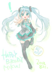 Rule 34 | 1girl, aqua eyes, aqua hair, black thighhighs, blush, detached sleeves, ech, happy birthday, hatsune miku, highres, long hair, necktie, open mouth, outstretched arm, outstretched hand, running, shirt, sketch, skirt, solo, thighhighs, twintails, vocaloid, zettai ryouiki