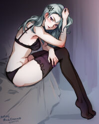 Rule 34 | 1girl, artist name, blush, breasts, dated, grey hair, hair behind ear, head tilt, lingerie, long hair, looking at viewer, medium breasts, mina cream, niijima sae, no shoes, on bed, persona, persona 5, red eyes, signature, sitting, solo, thighhighs, underwear, wavy hair