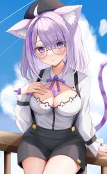 Rule 34 | 1girl, :o, ahoge, animal ear fluff, animal ears, beret, black hat, blue sky, blush, breasts, cat ears, cat girl, cat tail, cleavage, cleavage cutout, clothing cutout, cloud, collared shirt, commentary, day, frilled sleeves, frills, glasses, hand on own chest, hat, heart on chest, highres, hololive, large breasts, long sleeves, looking at viewer, medium hair, nekomata okayu, nekomata okayu (wonderland), official alternate costume, on railing, outdoors, purple eyes, purple hair, purple ribbon, railing, ribbon, round eyewear, shinonome shino (artist), shirt, shirt tucked in, shorts, sky, solo, suspender shorts, suspenders, tail, virtual youtuber