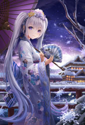 Rule 34 | 1girl, architecture, bad id, bad pixiv id, bare tree, black ribbon, bow, building, closed mouth, cloud, cloudy sky, east asian architecture, fence, floral print, flower, folding fan, from side, full moon, furisode, gradient sky, hair between eyes, hair flower, hair ornament, hair ribbon, hand fan, highres, holding, holding fan, holding umbrella, japanese clothes, kimono, leaf print, light, light smile, long hair, looking at viewer, looking to the side, lunacle, moon, moonlight, night, oil-paper umbrella, original, parasol, pink flower, plant, print kimono, purple eyes, purple flower, purple sky, reflection, ribbon, river, scenery, silver hair, sky, smile, snow, snowflake print, snowflakes, snowing, solo, standing, striped, striped bow, tree, twintails, umbrella, very long hair, white kimono, wide sleeves, winter, wooden fence, yellow flower