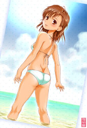 Rule 34 | 1girl, arms at sides, ass, back, beach, bikini, blue bikini, blush, border, breasts, brown eyes, brown hair, checkered background, cloud, cloudy sky, cowboy shot, day, dutch angle, female focus, from behind, light smile, looking at viewer, looking back, maira gen, misaka mikoto, open hands, parted bangs, parted lips, partially submerged, short hair, sideboob, signature, sky, small breasts, solo, standing, sun, swimsuit, tan, thighs, toaru kagaku no railgun, toaru majutsu no index, water, white border