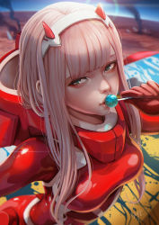 Rule 34 | 10s, 1girl, aqua eyes, blue sky, bodysuit, breasts, candy, commentary, crater, darling in the franxx, english commentary, eyeshadow, food, food in mouth, from above, green eyes, hair between eyes, hairband, holding, holding candy, holding food, holding lollipop, horns, lens flare, lollipop, long hair, looking at viewer, magion02, makeup, medium breasts, oni horns, pilot suit, pink hair, red bodysuit, red horns, skin tight, sky, smoke, solo, straight hair, white hairband, zero two (darling in the franxx)