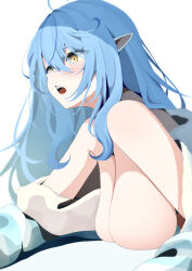 1girl absurdres ahoge blue_hair blue_pajamas breast_press breasts elf hair_between_eyes highres hololive large_breasts long_hair lying no_bra official_alternate_costume on_stomach open_mouth pajamas pointy_ears solo suzuushi upper_body virtual_youtuber waking_up yellow_eyes yukihana_lamy yukihana_lamy_(loungewear)