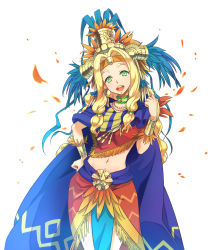 Rule 34 | 1girl, blonde hair, breasts, cape, choker, crown, fate/grand order, fate (series), green eyes, groin, hair ornament, hair tubes, headband, highres, jewelry, long hair, midriff, navel, necklace, open mouth, quetzalcoatl (fate), skirt