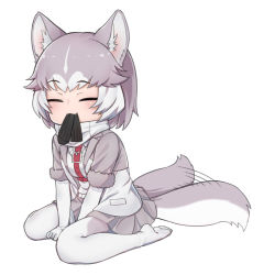 Rule 34 | 1girl, animal ears, blush, closed eyes, closed mouth, dog (mixed breed) (kemono friends), dog ears, dog tail, elbow gloves, facing viewer, gloves, grey hair, kemono friends, mouth hold, nyifu, pantyhose, short hair, short sleeves, sitting, socks, solo, tail, tail wagging, wariza, white gloves, white hair, white socks