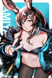 Rule 34 | 1girl, amiya (arknights), animal ears, arknights, bad id, bad twitter id, bare shoulders, black jacket, blue eyes, bra, breasts, brown hair, character name, collarbone, fingernails, highres, jacket, jewelry, medium breasts, multiple rings, navel, neck ring, no panties, nude, off shoulder, open clothes, open jacket, pantyhose, parted lips, ponytail, rabbit ears, ring, robot cat (robotcatart), solo, strapless, strapless bra, underwear, v, zipper, zipper pull tab