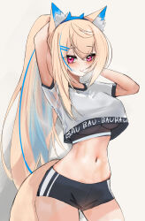 Rule 34 | 1girl, absurdres, animal ear fluff, animal ears, black shorts, blonde hair, blue hair, breasts, crop top, crop top overhang, dog ears, dog girl, dog tail, fuwawa abyssgard, hair ornament, hairpin, highres, hololive, hololive dance practice uniform, hololive english, large breasts, long hair, looking at viewer, multicolored hair, navel, official alternate costume, pink eyes, ponytail, rifufu, short shorts, shorts, sidelocks, smile, solo, streaked hair, tail, underboob, virtual youtuber, white background