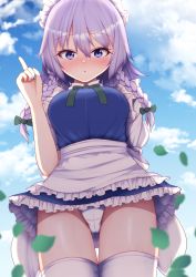 Rule 34 | 1girl, accidental pervert, apron, blue eyes, blue sky, braid, cameltoe, clothes lift, cloud, cloudy sky, darumoon, day, dress, dress lift, frilled apron, frilled dress, frills, from below, hair between eyes, highres, izayoi sakuya, leaf, looking at viewer, maid, maid apron, maid headdress, open mouth, outdoors, panties, pantyshot, pointing, pointing up, short hair, silver hair, sky, solo, thigh gap, touhou, twin braids, underwear, white apron, white legwear, white panties, wind, wind lift