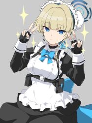 Rule 34 | 1girl, apron, bare shoulders, black dress, black gloves, blonde hair, blue archive, blue bow, blue bowtie, blue eyes, blush, bow, bowtie, breasts, chest harness, commentary, double v, dress, earpiece, edobox, fingerless gloves, gloves, halo, harness, looking at viewer, maid headdress, pouch, short dress, short hair, small breasts, solo, sparkle, toki (blue archive), v, white apron