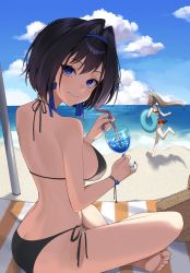 2girls absurdres bikini black_bikini black_hair blue_eyes blue_nails bow bow_earrings breasts brown_hair butt_crack cup ddungddang drinking_glass drinking_straw earrings hair_intakes hairband halterneck highres hololive hololive_english indian_style innertube jewelry large_breasts multiple_girls nail_polish nanashi_mumei ouro_kronii ponytail running side-tie_bikini_bottom sitting smile string_bikini swim_ring swimsuit virtual_youtuber