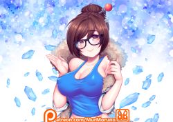 Rule 34 | 1girl, artist name, beads, blue shirt, blush, breasts, brown eyes, brown hair, cleavage, closed mouth, coat, collarbone, covered erect nipples, fingernails, fur-trimmed coat, fur coat, fur trim, glasses, hair bun, hair ornament, hair stick, hands up, highres, ice, large breasts, long fingernails, long sleeves, looking at viewer, mei (overwatch), murmoruno, open clothes, open coat, overwatch, overwatch 1, parka, patreon username, pink lips, shirt, short hair, single hair bun, sleeveless, sleeves rolled up, smile, snowflake hair ornament, solo, tank top, upper body, winter clothes, winter coat