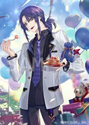 Rule 34 | 3boys, :d, alternate costume, alternate hairstyle, balloon, black pants, black shirt, blue eyes, blue hair, box, cake, cake slice, character doll, cloud, collared shirt, copyright name, cup, day, dessert, doll, food, fork, fruit, genzuki toujirou, genzuki toujirou (1st costume), gift, gift box, heart, heart balloon, hoe-l, holding, holding fork, holding plate, jacket, kaida haru, kaida haru (1st costume), long hair, long sleeves, male focus, multiple boys, nagao kei, nagao kei (3rd costume), necktie, nijisanji, official alternate costume, official alternate hairstyle, official art, open clothes, open jacket, open mouth, outdoors, pants, plaid necktie, plate, pocket, pouch, shirt, sky, smile, solo focus, strawberry, table, teacup, teapot, teeth, tongue, upper teeth only, valz, virtual youtuber, watermark, white jacket