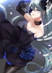 Rule 34 | 1girl, asahi kuroi, black bow, black dress, black gloves, black pantyhose, blue eyes, blue flower, blue rose, bow, breasts, choker, cleavage, collarbone, covered navel, cowboy shot, dress, dutch angle, elbow gloves, evening gown, floating hair, flower, flower eyepatch, gloves, grey background, hair between eyes, hair bow, hatsune miku, highres, holding, long hair, looking at viewer, medium breasts, open mouth, pantyhose, rose, signature, silver hair, sleeveless, sleeveless dress, solo, standing, striped clothes, striped dress, thighband pantyhose, tongue, tongue out, very long hair, vocaloid