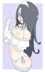 Rule 34 | :d, bad id, bad twitter id, bikini, black hair, blue ribbon, breasts, cowboy shot, detached collar, donguri suzume, elbow gloves, from side, gloves, hair over one eye, hand up, highres, index finger raised, large breasts, long hair, looking at viewer, looking to the side, navel, neck ribbon, one eye covered, open mouth, original, puffy short sleeves, puffy sleeves, purple background, purple bikini, purple eyes, ribbon, round teeth, short sleeves, side-tie bikini bottom, simple background, smile, solo, swimsuit, teeth, thighhighs, triangular headpiece, very long hair, white gloves, white thighhighs