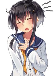 Rule 34 | 10s, 1girl, black hair, breasts, chestnut mouth, closed eyes, gradient hair, grey hair, highres, hot, kantai collection, long sleeves, multicolored hair, school uniform, serafuku, short hair with long locks, sidelocks, simple background, solo, soukou makura, sweat, tokitsukaze (kancolle), upper body, white background