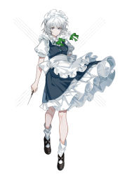 1girl apron arlizi blue_dress blue_eyes braid brown_footwear closed_mouth dress frilled_apron frilled_skirt frills full_body green_ribbon grey_hair hair_ribbon highres holding holding_knife izayoi_sakuya knife maid maid_apron maid_headdress medium_hair multiple_braids puffy_short_sleeves puffy_sleeves ribbon short_sleeves side_braid simple_background skirt solo standing touhou twin_braids waist_apron white_background