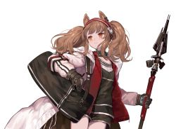 Rule 34 | 1girl, animal ears, bad id, bad twitter id, bag, black gloves, blush, brown eyes, brown hair, closed mouth, duffel bag, eyebrows, frown, gloves, hairband, highres, holding, holding weapon, horse ears, long hair, long sleeves, looking away, mixkechin, original, solo, twintails, weapon