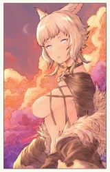Rule 34 | 1girl, absurdres, animal ears, breasts, brooch, cat ears, cross-laced clothes, facial mark, final fantasy, final fantasy xiv, from side, fur trim, gusty10rk, highres, jewelry, light blush, looking at viewer, miqo&#039;te, necklace, nipples, parted lips, short hair, shrug (clothing), solo, sunset, undressing, upper body, whisker markings, y&#039;shtola rhul