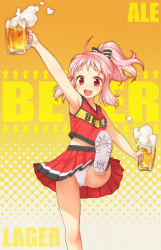 Rule 34 | 10s, 1girl, :d, ahoge, alcohol, anima yell!, arm up, armpits, beer, beer mug, blush, bow, cheerleader, clothes writing, commentary request, cup, hair bow, hatoya kohane, holding, holding cup, kicking, long hair, looking at viewer, mug, open mouth, panties, pantyshot, pink hair, pleated skirt, ponytail, poripori, red eyes, red shirt, red skirt, shirt, sidelocks, skirt, sleeveless, sleeveless shirt, smile, solo, underwear, white panties