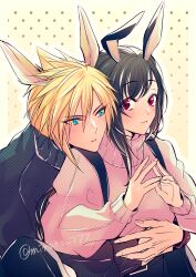 Rule 34 | 1boy, 1girl, animal ears, asymmetrical sidelocks, black hair, blonde hair, blue eyes, blue sweater, blush, closed mouth, cloud strife, commentary request, couple, final fantasy, final fantasy vii, final fantasy vii remake, head on another&#039;s shoulder, hug, hug from behind, long hair, long sleeves, minato (ct 777), parted lips, pink sweater, rabbit ears, red eyes, sidelocks, spiked hair, sweater, swept bangs, tifa lockhart, turtleneck, turtleneck sweater, twitter username, upper body