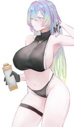 Rule 34 | 1girl, arm behind head, arm up, armpits, bare shoulders, belt, bikini, black bikini, black bikini bottom, black gloves, breasts, cupitan (granblue fantasy), cupitan (summer) (granblue fantasy), gloves, gnai, gradient hair, granblue fantasy, green eyes, highres, large breasts, long hair, low twintails, multicolored hair, navel, rainbow hair, sideboob, smile, solo, stomach, sweat, swimsuit, thigh belt, thigh strap, thighs, twintails