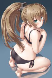 Rule 34 | 1girl, aqua eyes, ass, bare arms, bare legs, bare shoulders, barefoot, bikini, black bikini, blue background, brown hair, butt crack, dd (ijigendd), dimples of venus, from above, from side, gradient background, hands on own chest, high ponytail, highres, kantai collection, kneeling, kumano (kancolle), long hair, looking at viewer, looking to the side, looking up, reflection, side-tie bikini bottom, solo, swimsuit, very long hair
