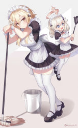 Rule 34 | 2girls, @ @, absurdres, alternate costume, apron, ayaya (ayaya ri), black bow, black dress, black footwear, blonde hair, blue eyes, bow, breasts, bucket, closed mouth, dress, duster, enmaided, feather duster, floating, flower, foreshortening, genshin impact, hair between eyes, hair flower, hair ornament, halo, hands up, high heels, highres, holding, leaning forward, looking at viewer, lumine (genshin impact), maid, maid headdress, mary janes, mop, multiple girls, open mouth, paimon (genshin impact), puffy short sleeves, puffy sleeves, raised eyebrows, shoes, short sleeves, sweatdrop, thighhighs, twitter username, white apron, white flower, white legwear, wrist cuffs, yellow eyes