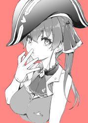 Rule 34 | 1girl, :o, blush, breasts, collar, commentary request, eyelashes, female focus, finger to mouth, frilled collar, frills, gloves, hair between eyes, hat, hololive, houshou marine, jewelry, long hair, looking at viewer, medium breasts, mushi024, one side up, parted lips, partially colored, pendant, pirate hat, red background, shirt, simple background, sleeveless, sleeveless shirt, solo, standing, upper body, virtual youtuber, white gloves