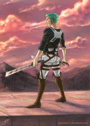Rule 34 | 1boy, bird, boots, cloud, crossover, dual wielding, earrings, green hair, highres, holding, jeannette11, jewelry, male focus, one-eyed, one piece, roronoa zoro, scar, shingeki no kyojin, short hair, signature, solo, sword, thigh strap, watermark, weapon, web address