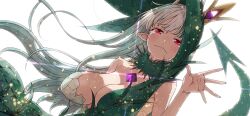 1girl biscione_(fate) blush breasts chest_jewel choker cleavage crown crying dragon_girl dragon_tail fate/grand_order fate_(series) game_cg green_choker green_hair hood hood_up imigimuru large_breasts looking_at_viewer mini_crown multicolored_hair official_art pointy_ears red_eyes runny_nose snot solo tail third-party_source upper_body waving white_background